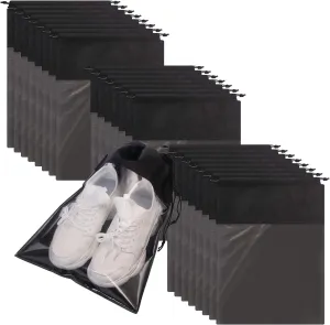 24 Pack Portable Shoe Bags for Travel Large Shoes Pouch Storage Organizer Clear Window with Drawstring for Men and Women Black