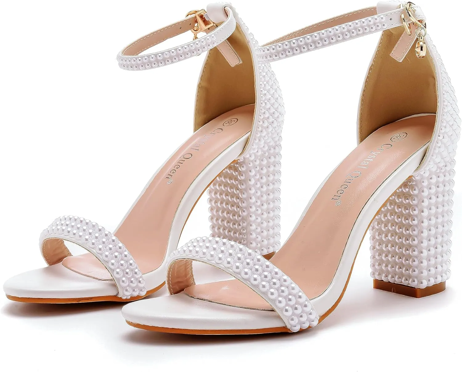 3 Inches Block Heel Sandals WomenThick Chunky Heels Peep Toe Wedding Sandals Full Pearls White Lace Sandals for Wedding Party Birthday and Evening Shoes