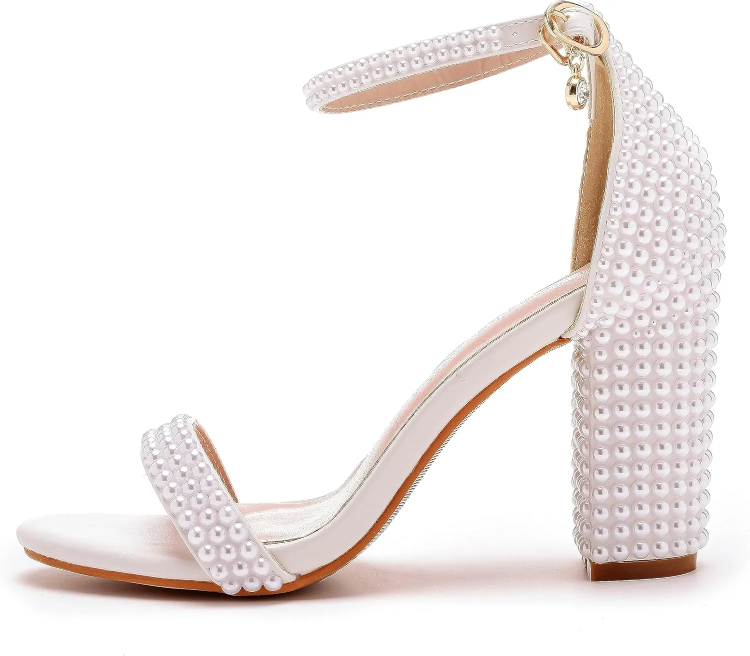 3 Inches Block Heel Sandals WomenThick Chunky Heels Peep Toe Wedding Sandals Full Pearls White Lace Sandals for Wedding Party Birthday and Evening Shoes