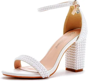 3 Inches Block Heel Sandals WomenThick Chunky Heels Peep Toe Wedding Sandals Full Pearls White Lace Sandals for Wedding Party Birthday and Evening Shoes