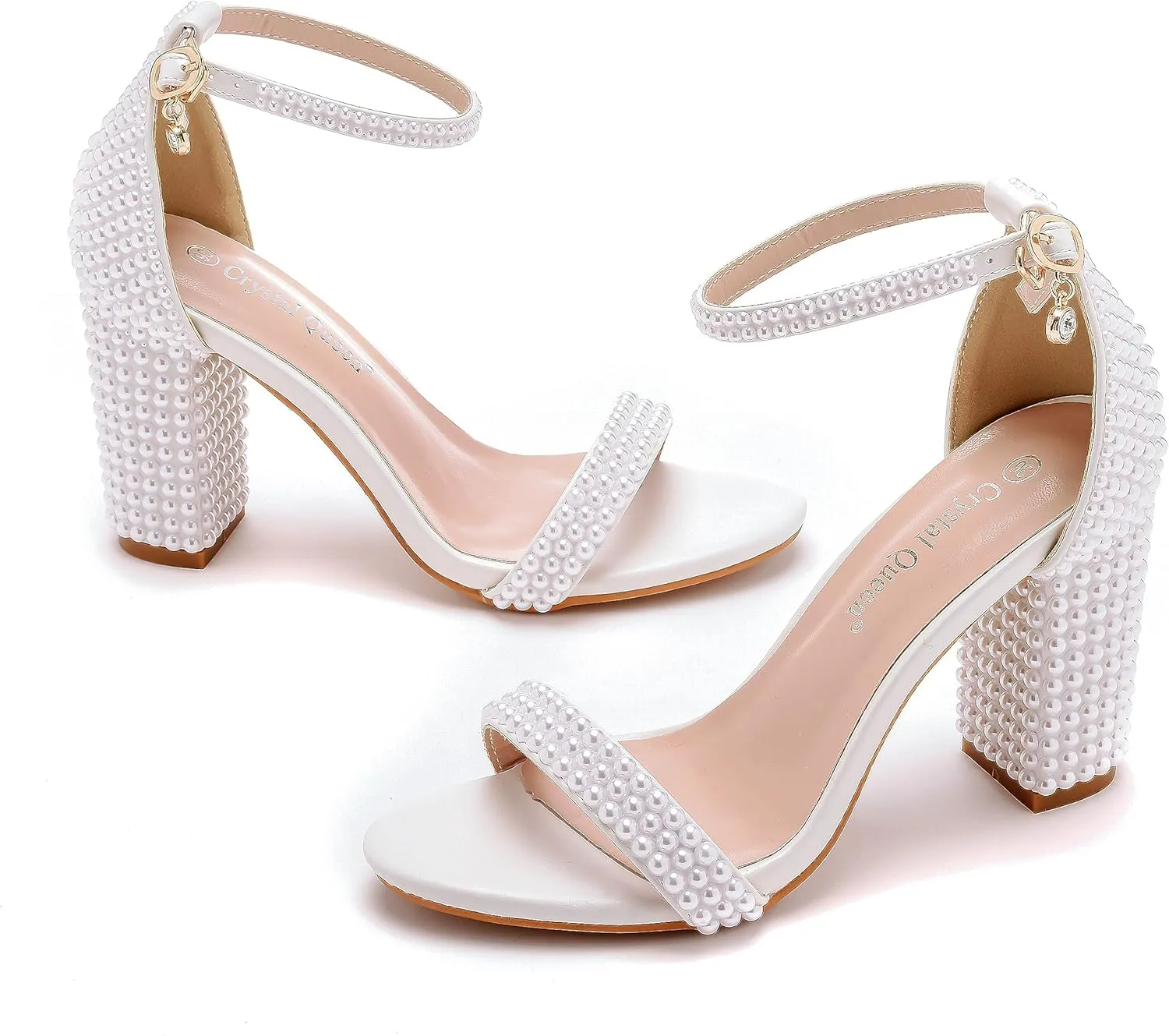 3 Inches Block Heel Sandals WomenThick Chunky Heels Peep Toe Wedding Sandals Full Pearls White Lace Sandals for Wedding Party Birthday and Evening Shoes