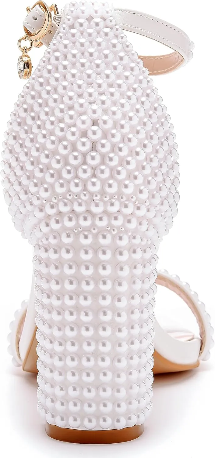 3 Inches Block Heel Sandals WomenThick Chunky Heels Peep Toe Wedding Sandals Full Pearls White Lace Sandals for Wedding Party Birthday and Evening Shoes