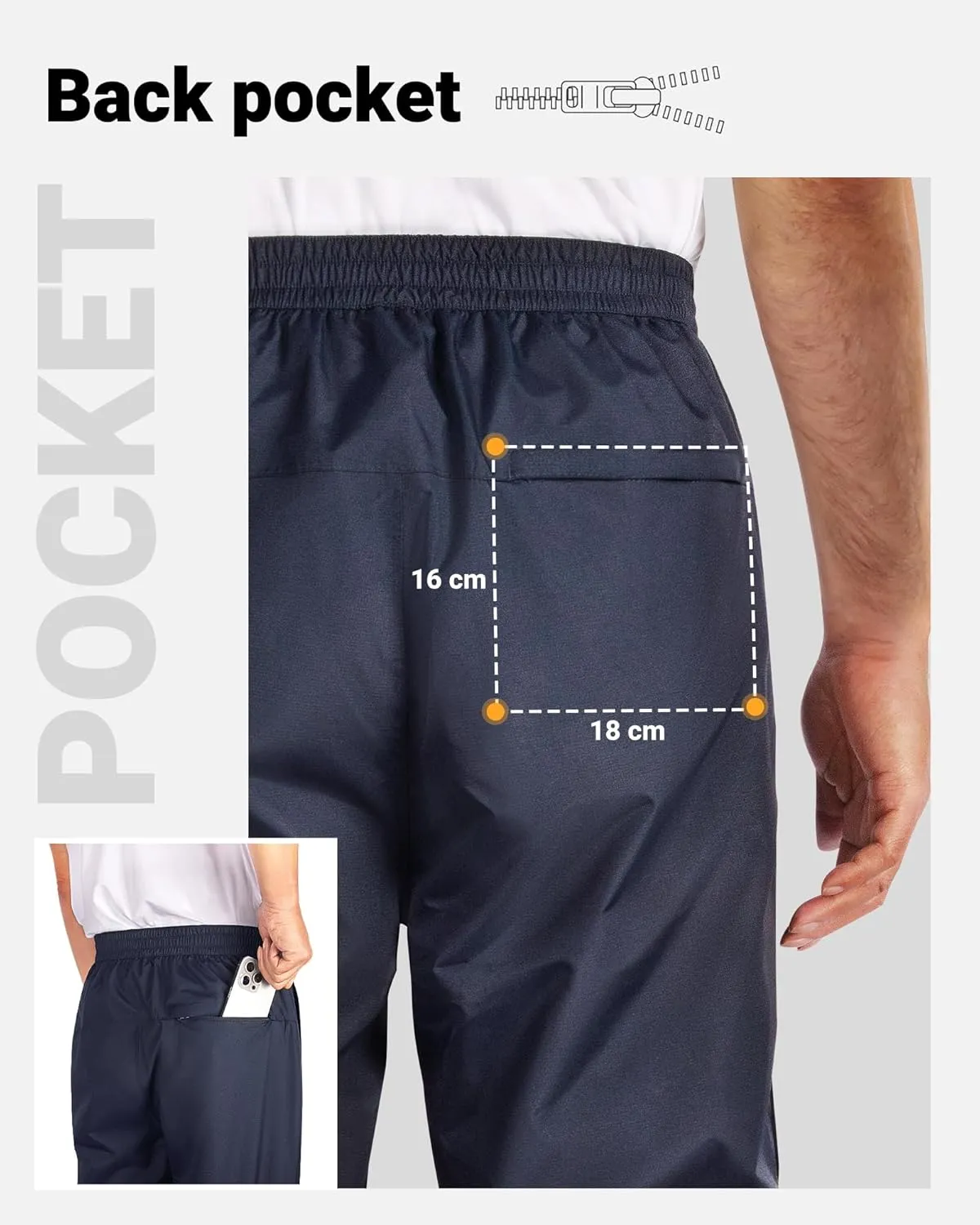 33,000ft Men's Full Zip Rain Pants Waterproof Lightweight for Hiking,Fishing,Golf