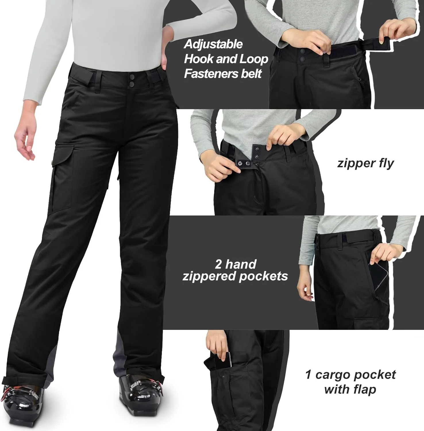 33,000ft Women's Insulated Snow Pants, Waterproof Snowboard Ski Pants with Boot Gaiters