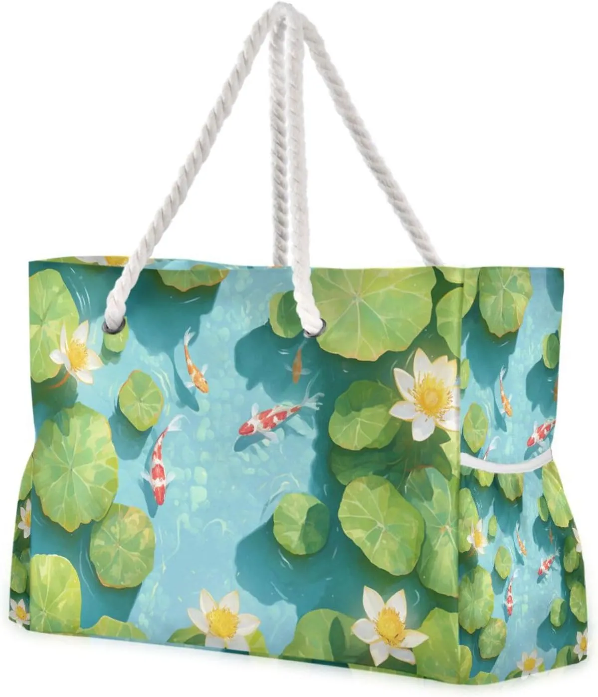 3d Pond Scenery Distinctive Fish and Flowers Bag Carry On Waterproof Sandproof with side pockets Large Tote Shoulder Bag for Weekend Travel