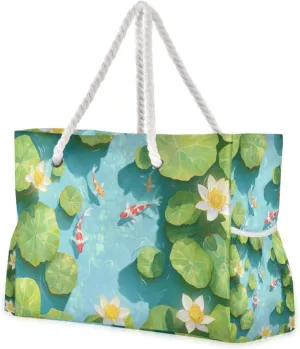 3d Pond Scenery Distinctive Fish and Flowers Bag Carry On Waterproof Sandproof with side pockets Large Tote Shoulder Bag for Weekend Travel