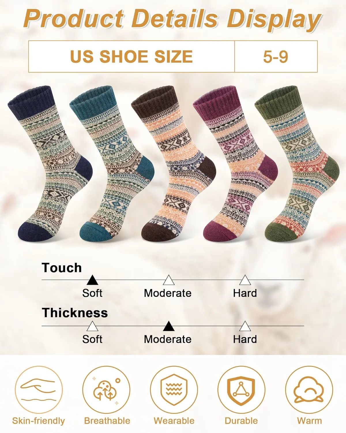 5 Pack Womens Wool Socks, Stocking Stuffers Gifts for Women Men Knit Warm Soft Crew Boot Sock for Winter Hiking
