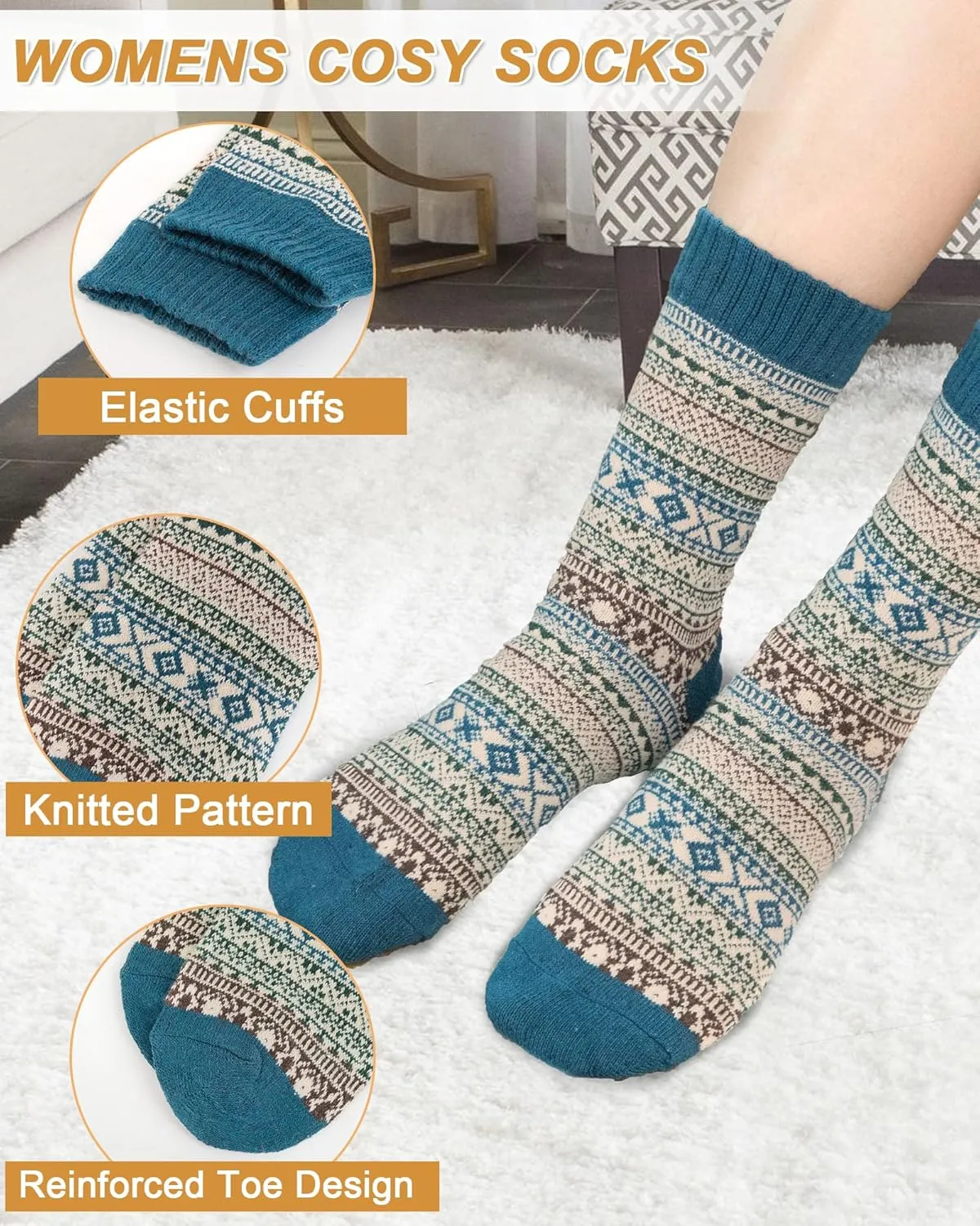 5 Pack Womens Wool Socks, Stocking Stuffers Gifts for Women Men Knit Warm Soft Crew Boot Sock for Winter Hiking