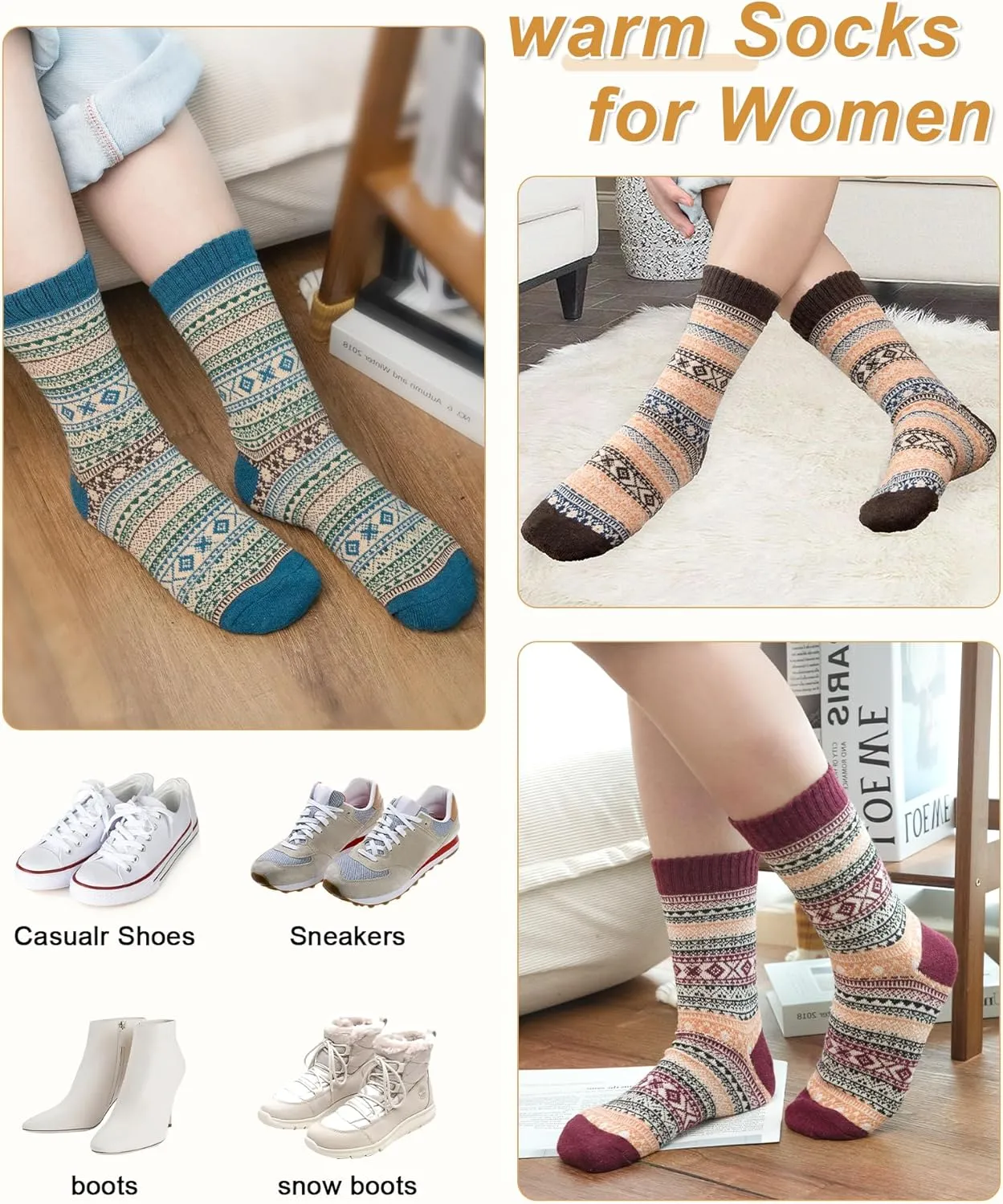 5 Pack Womens Wool Socks, Stocking Stuffers Gifts for Women Men Knit Warm Soft Crew Boot Sock for Winter Hiking