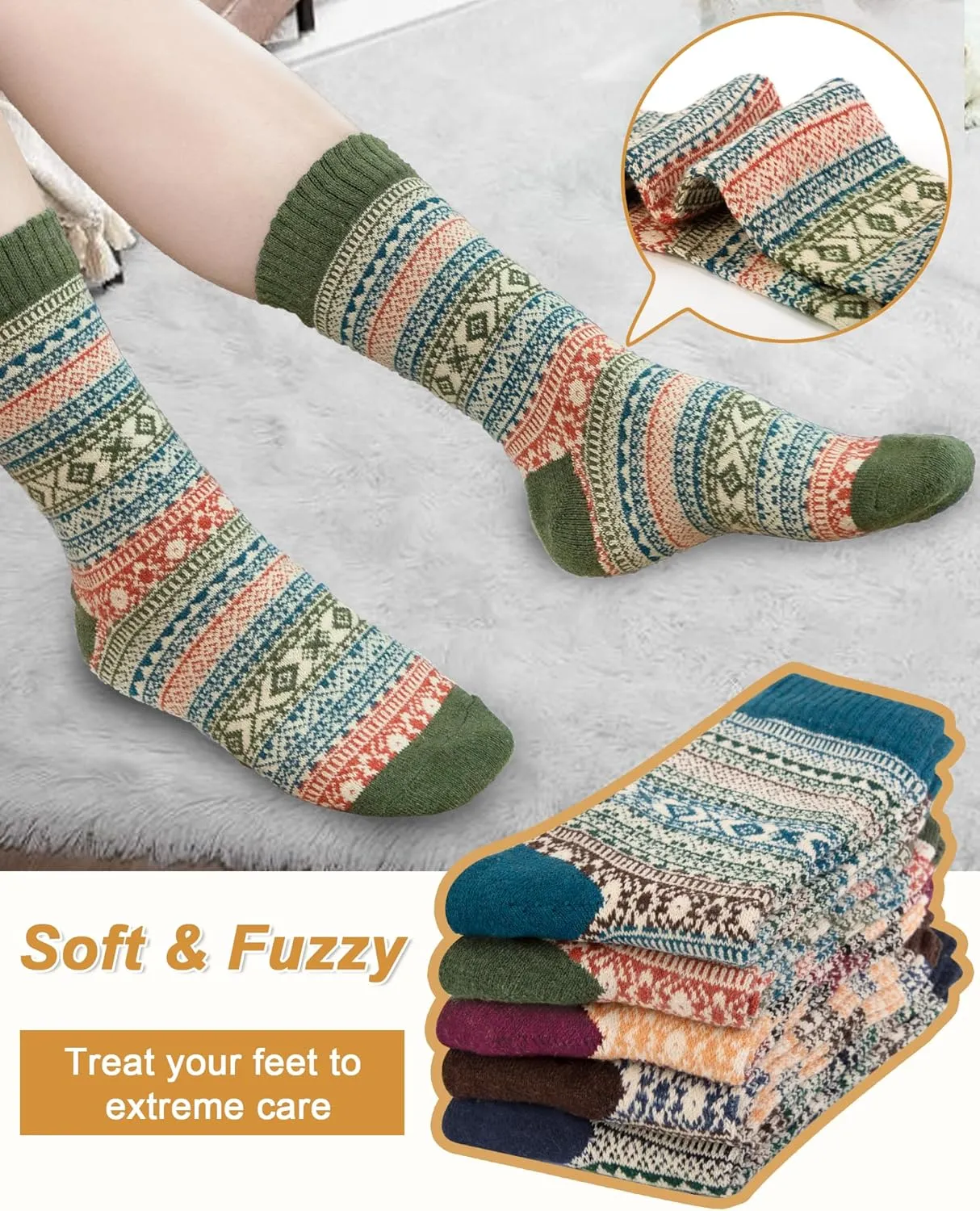 5 Pack Womens Wool Socks, Stocking Stuffers Gifts for Women Men Knit Warm Soft Crew Boot Sock for Winter Hiking