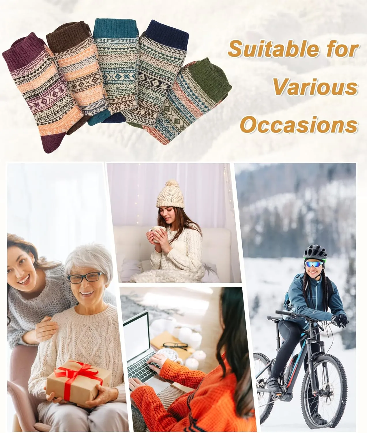 5 Pack Womens Wool Socks, Stocking Stuffers Gifts for Women Men Knit Warm Soft Crew Boot Sock for Winter Hiking