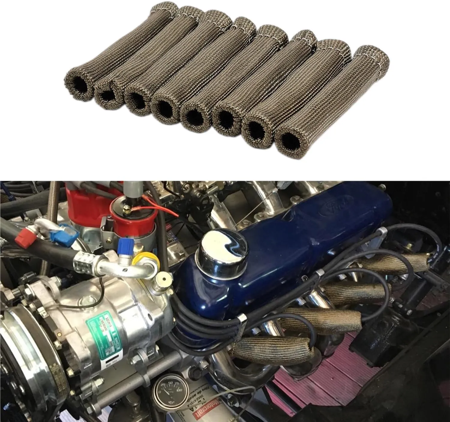 8Pcs 2500° Degree Spark Plug Wire Boots Heat Shield Protector Sleeve Cover Compatible with SBC BBC 350 454,6 Inch,Titanium (Titanium)