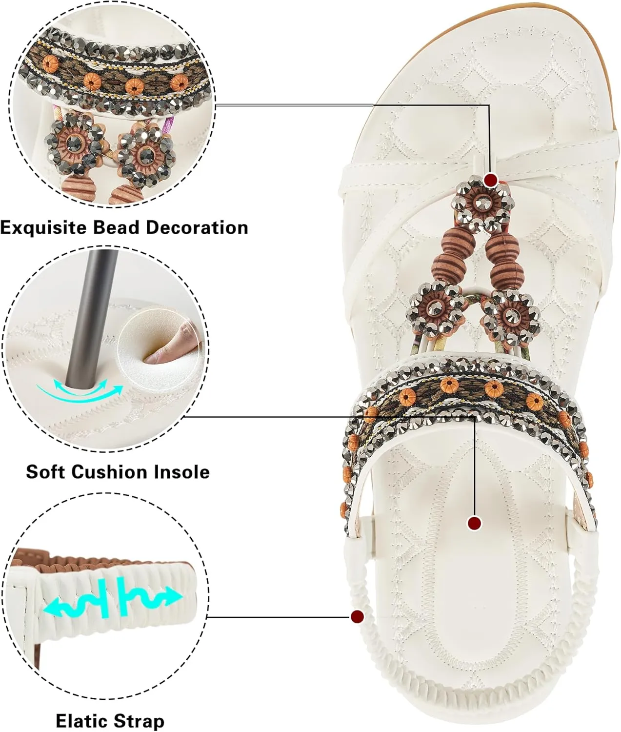 Alicegana Womens Sandals Dressy Summer: Comfortable Bohemian Flats Elastic Ankle Strap Walking Beach Shoes