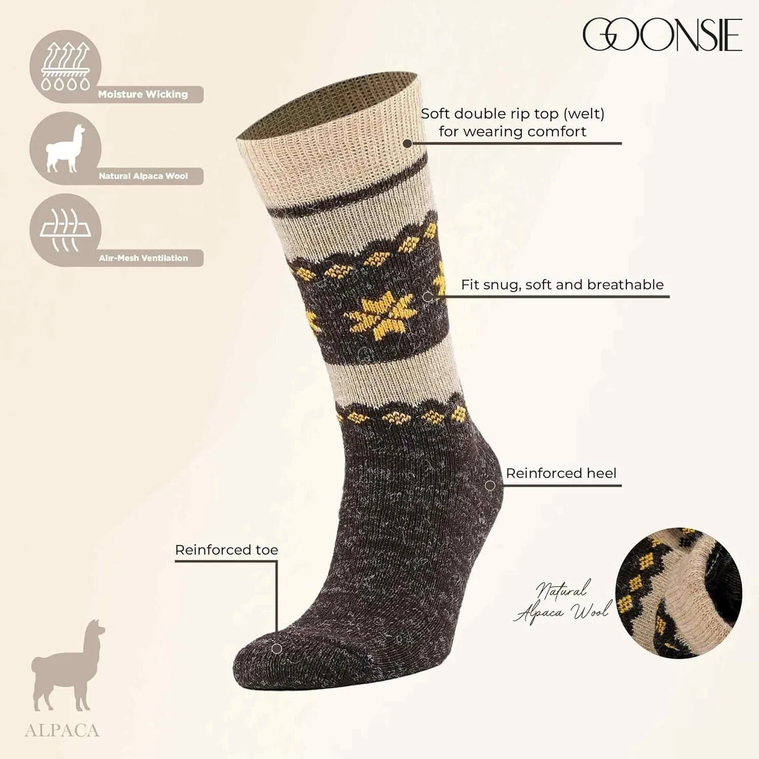 Alpaca Wool Socks, Winter Comfort and Warm for Men & Women Alpaca-Merino blend Boot Socks Thermal Cushioned - 2 Pairs