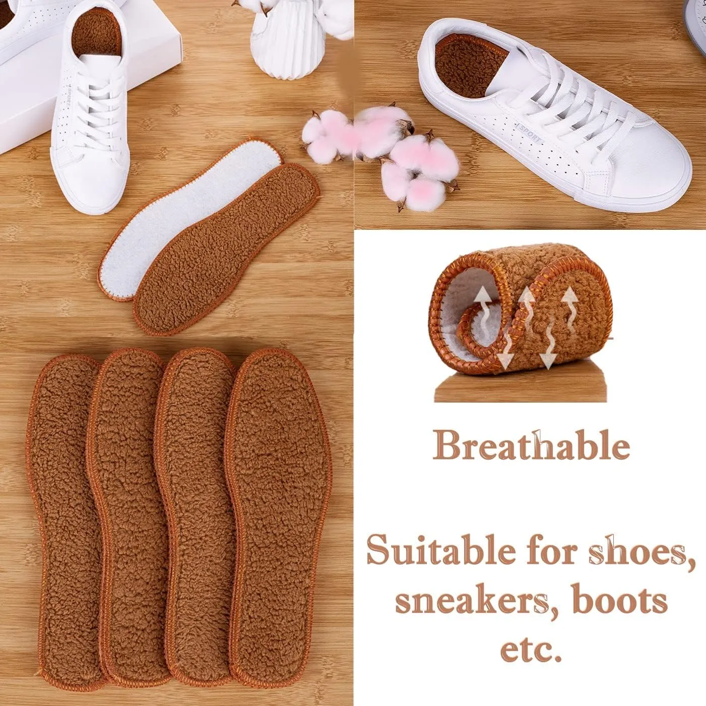 Alpaca Wool Warm Insole for Shoe Footwear 10 Pairs – Breathable and Sweat Absorbing Water Resistant Non-Slip Sheepskin Insoles for Snow Cold Winter Days (45)