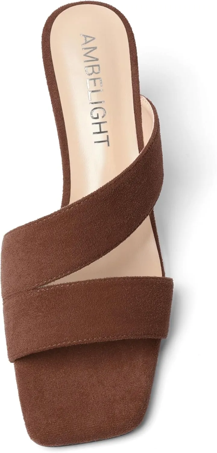 AMBELIGHT Womens Solid Slip On Suede Square Toe Indoor Fashion Chunky Low Heel Sandals 1.5 Inch