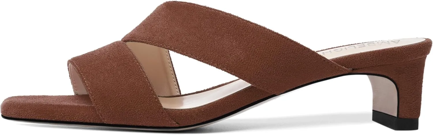 AMBELIGHT Womens Solid Slip On Suede Square Toe Indoor Fashion Chunky Low Heel Sandals 1.5 Inch