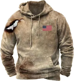 American Flag Patriotic Hoodies Mens Vintage Tribal Aztec Graphic Sweatshirts Big&Tall Washed Distressed Pullover Tops