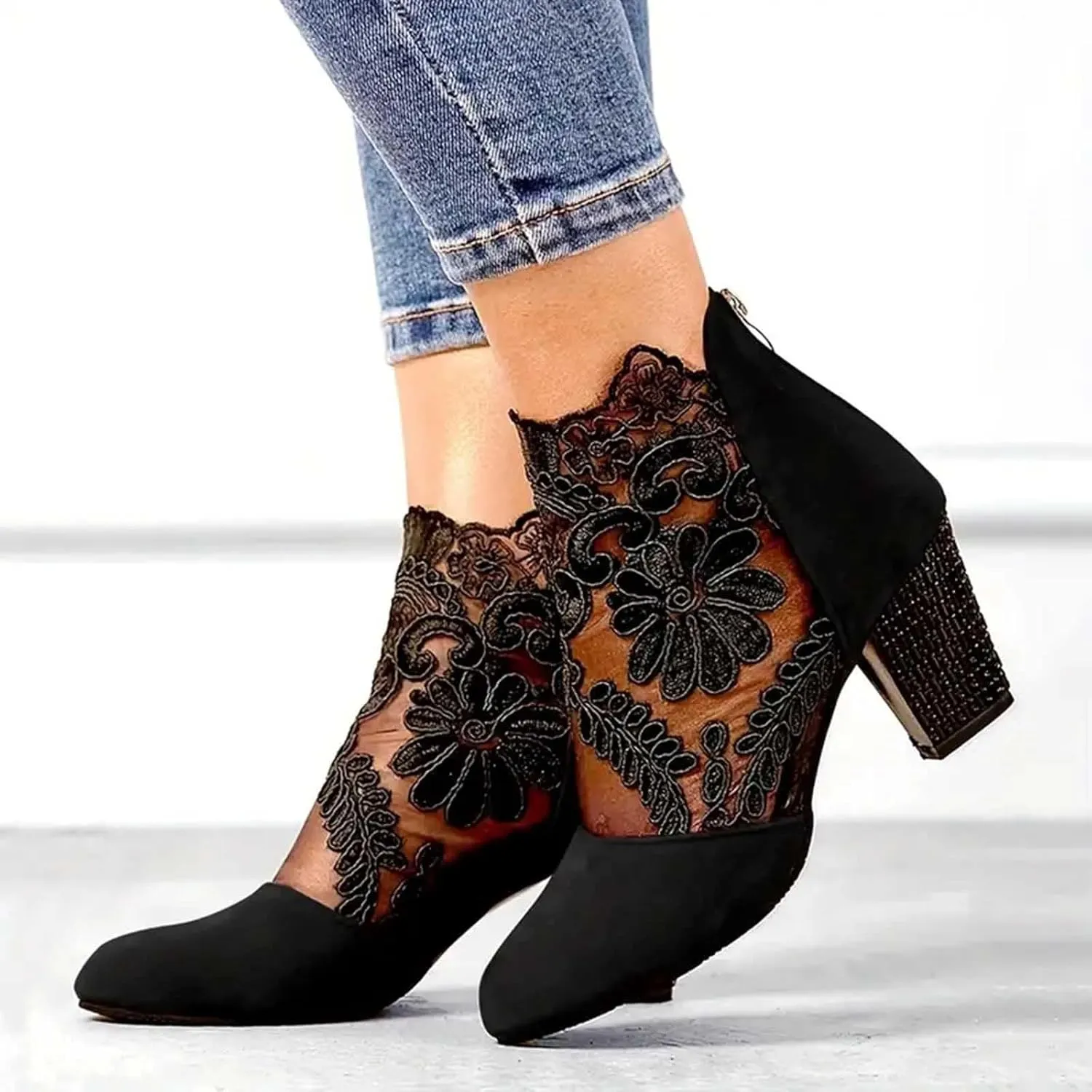 Ankle Boots for Women Fashion Lace Flower Embroidery Suede Stacked High Heels Dress Short Booties See Through Sexy Fall Boots for Women 2024 Round Toe Work Boots