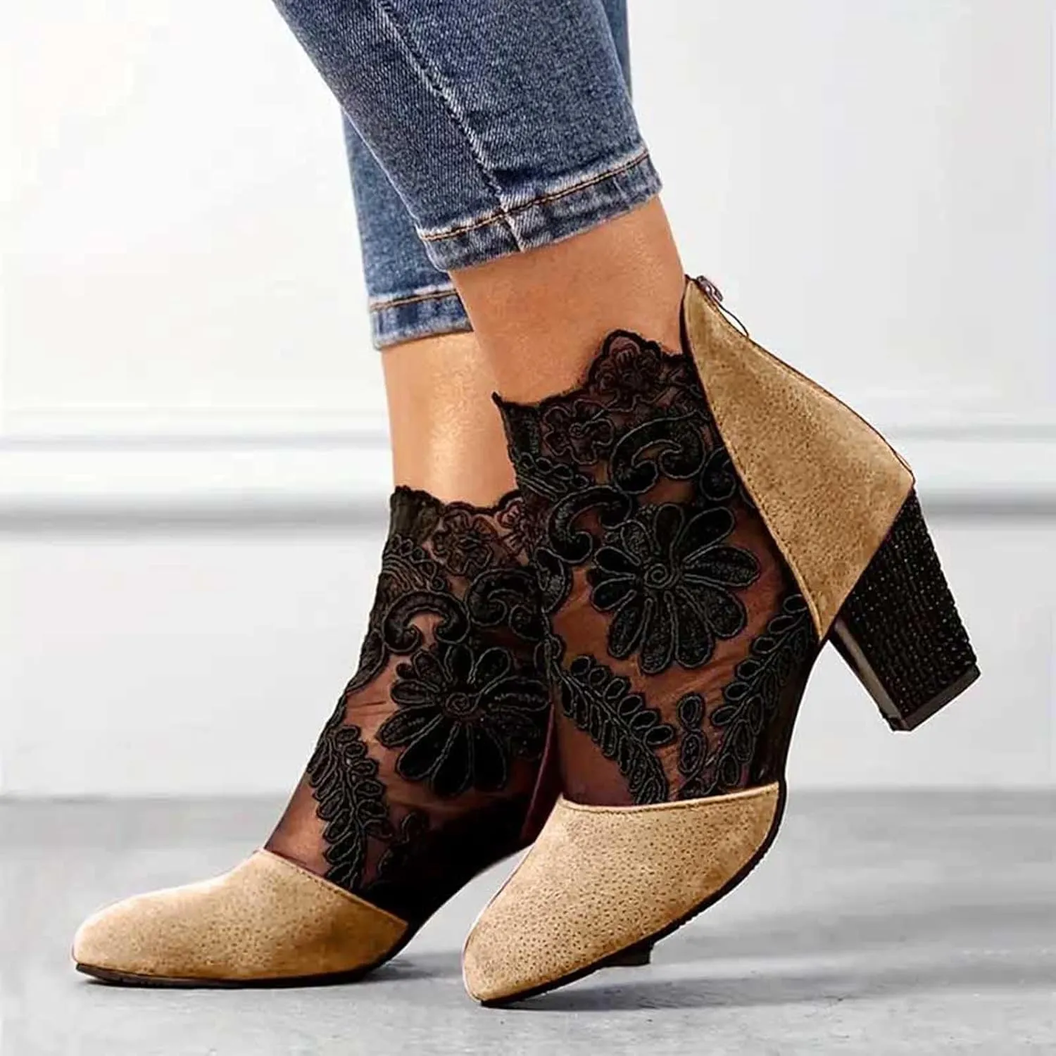 Ankle Boots for Women Fashion Lace Flower Embroidery Suede Stacked High Heels Dress Short Booties See Through Sexy Fall Boots for Women 2024 Round Toe Work Boots
