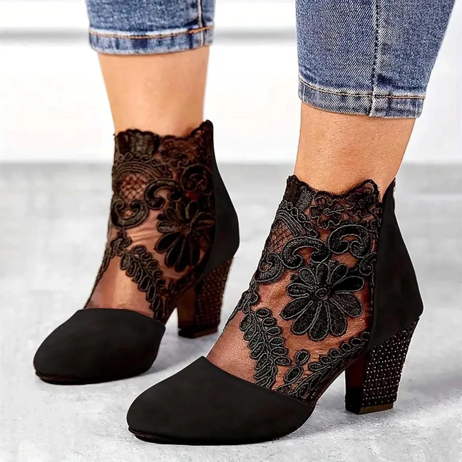Ankle Boots for Women Fashion Lace Flower Embroidery Suede Stacked High Heels Dress Short Booties See Through Sexy Fall Boots for Women 2024 Round Toe Work Boots