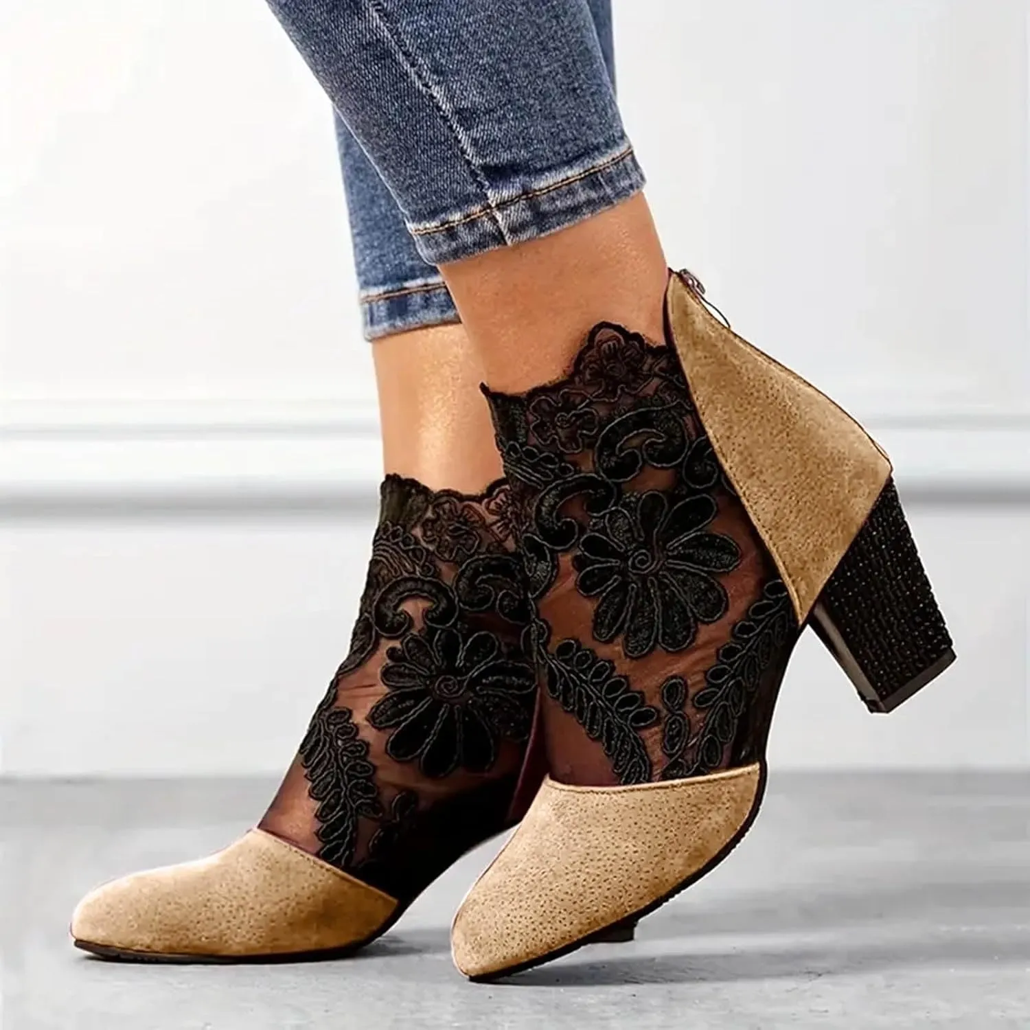 Ankle Boots for Women Fashion Lace Flower Embroidery Suede Stacked High Heels Dress Short Booties See Through Sexy Fall Boots for Women 2024 Round Toe Work Boots