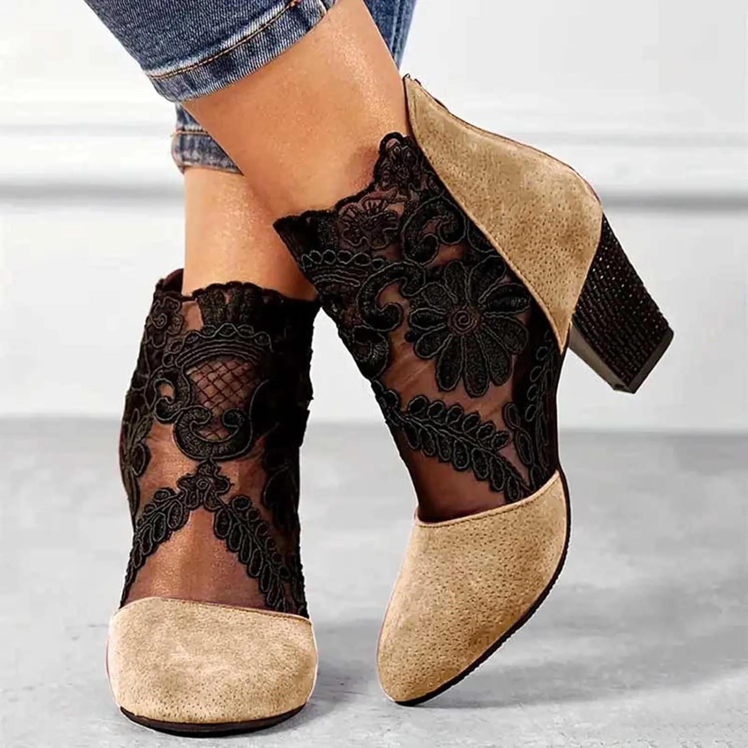 Ankle Boots for Women Fashion Lace Flower Embroidery Suede Stacked High Heels Dress Short Booties See Through Sexy Fall Boots for Women 2024 Round Toe Work Boots