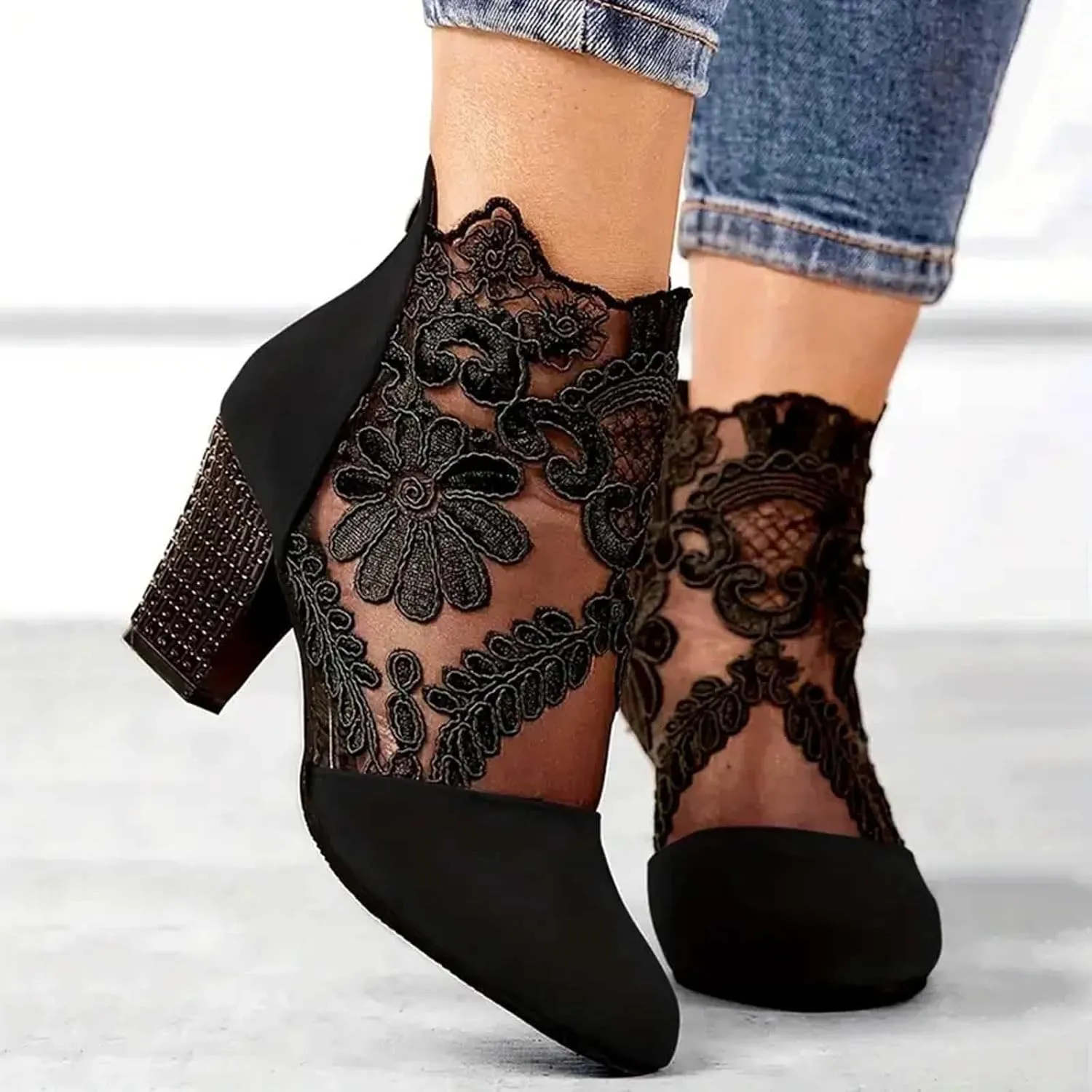 Ankle Boots for Women Fashion Lace Flower Embroidery Suede Stacked High Heels Dress Short Booties See Through Sexy Fall Boots for Women 2024 Round Toe Work Boots