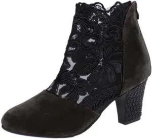 Ankle Boots for Women Fashion Lace Flower Embroidery Suede Stacked High Heels Dress Short Booties See Through Sexy Fall Boots for Women 2024 Round Toe Work Boots