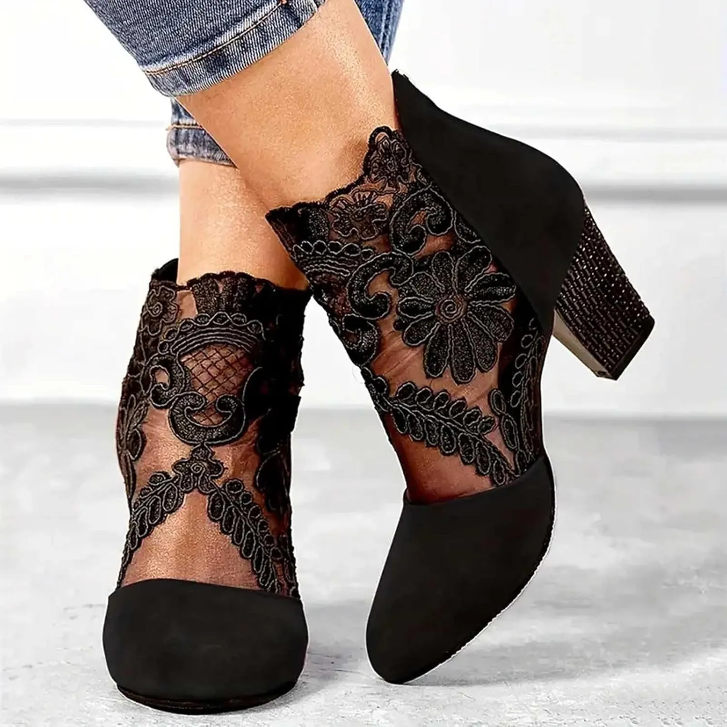 Ankle Boots for Women Fashion Lace Flower Embroidery Suede Stacked High Heels Dress Short Booties See Through Sexy Fall Boots for Women 2024 Round Toe Work Boots