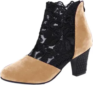 Ankle Boots for Women Fashion Lace Flower Embroidery Suede Stacked High Heels Dress Short Booties See Through Sexy Fall Boots for Women 2024 Round Toe Work Boots