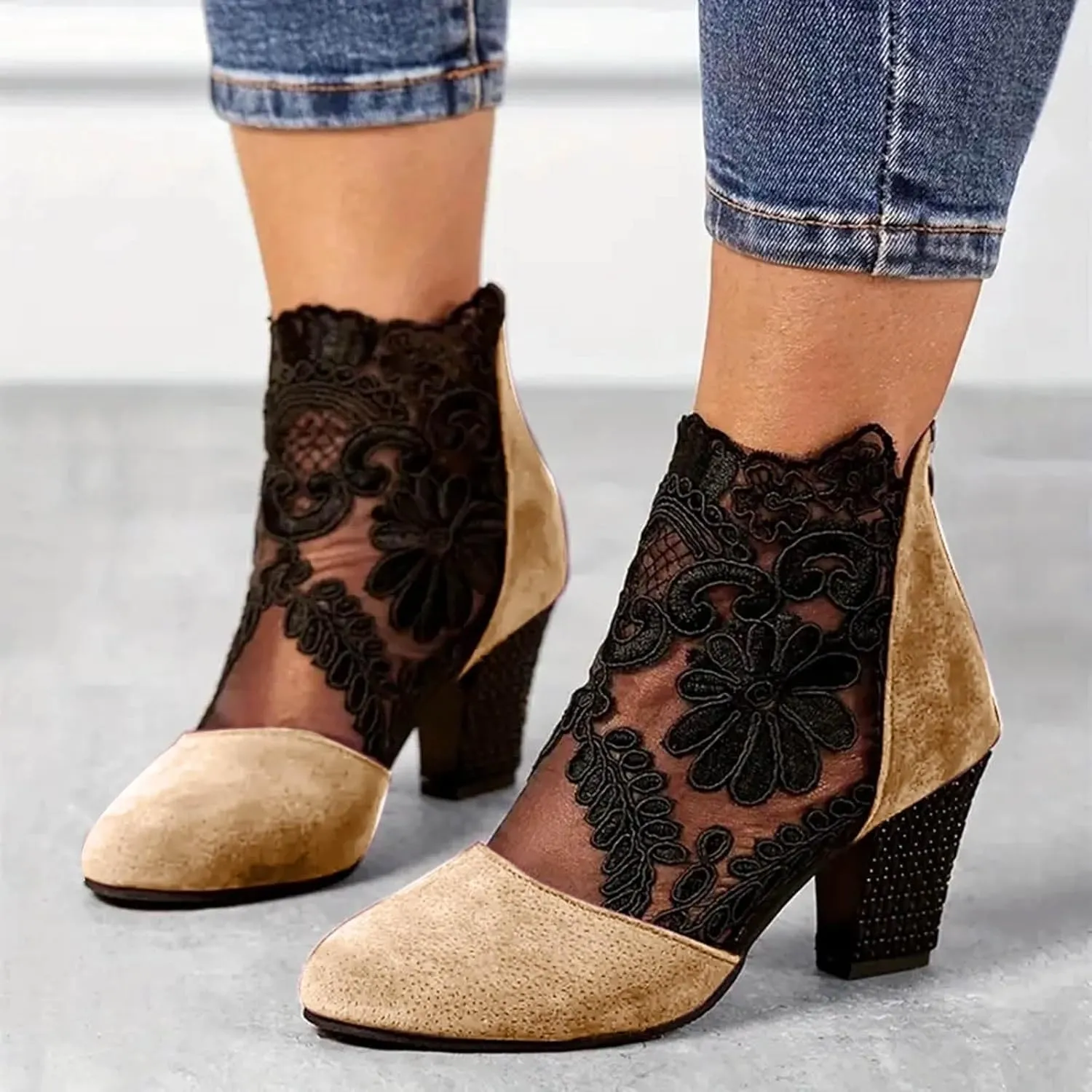 Ankle Boots for Women Fashion Lace Flower Embroidery Suede Stacked High Heels Dress Short Booties See Through Sexy Fall Boots for Women 2024 Round Toe Work Boots