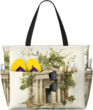 Antique Building With Roman Olive Branch And Greek Print Large Capacity Beach Travel Bag For Family, Beach Tote Bag For Women With Zipper Pockets