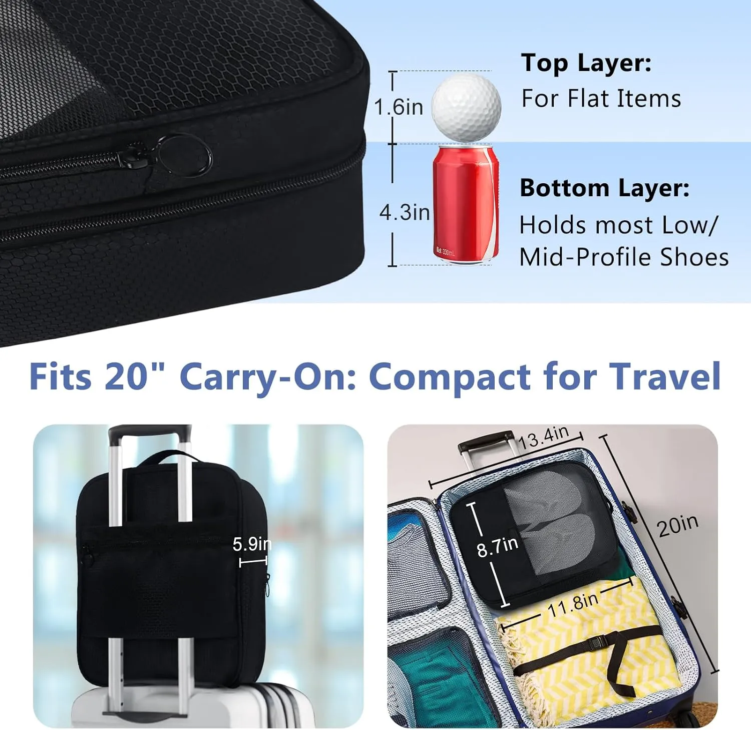 Aosbos 2 Layers Shoe Bags for Travel with Trolley Sleeve Portable Shoe Storage Pouch Shoe Packing Cubes with Structure, Honeycomb Black