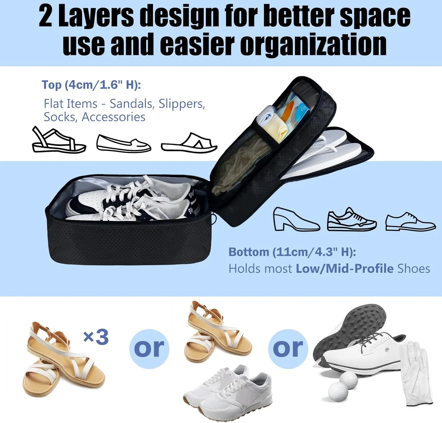 Aosbos 2 Layers Shoe Bags for Travel with Trolley Sleeve Portable Shoe Storage Pouch Shoe Packing Cubes with Structure, Honeycomb Black