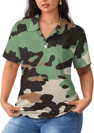 Army Green Camouflage Women's Polo Shirts Short Sleeve Golf Shirts Casual Athletic Tennis Tops Summer Blouses