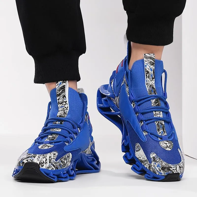 Athletic Running Sneakers, Blue with White Pattern, Mesh Upper, Wave Design Sole