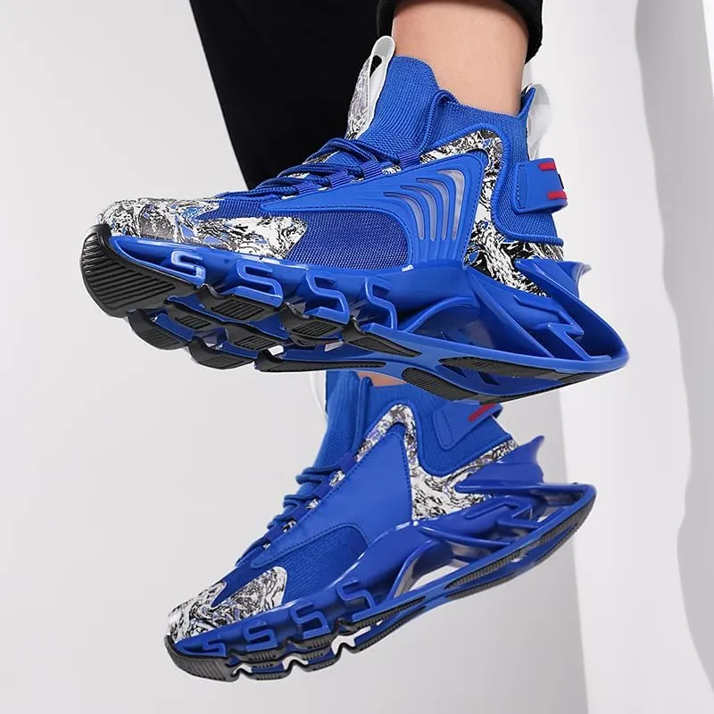 Athletic Running Sneakers, Blue with White Pattern, Mesh Upper, Wave Design Sole