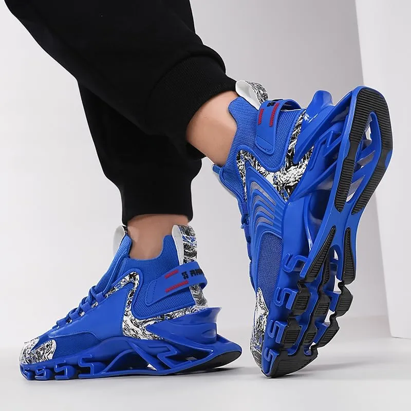 Athletic Running Sneakers, Blue with White Pattern, Mesh Upper, Wave Design Sole