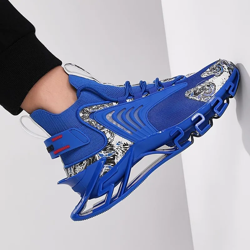 Athletic Running Sneakers, Blue with White Pattern, Mesh Upper, Wave Design Sole