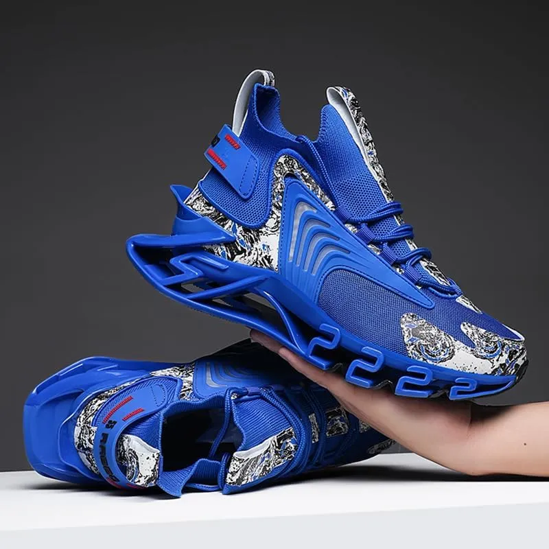Athletic Running Sneakers, Blue with White Pattern, Mesh Upper, Wave Design Sole