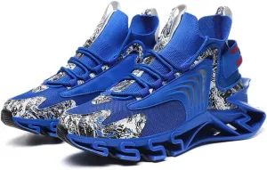 Athletic Running Sneakers, Blue with White Pattern, Mesh Upper, Wave Design Sole