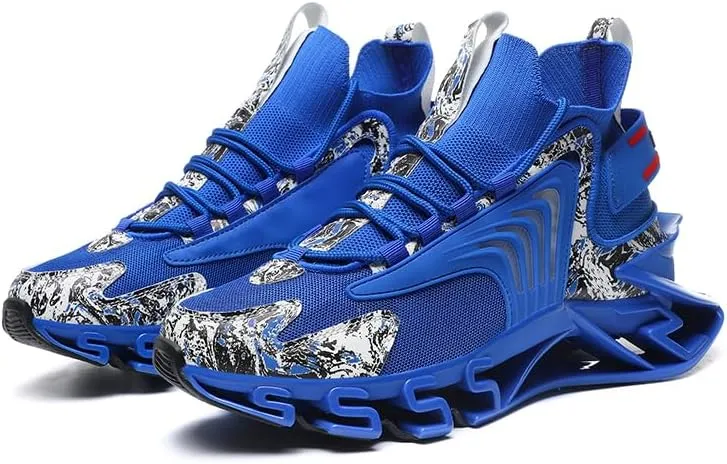 Athletic Running Sneakers, Blue with White Pattern, Mesh Upper, Wave Design Sole