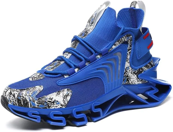 Athletic Running Sneakers, Blue with White Pattern, Mesh Upper, Wave Design Sole