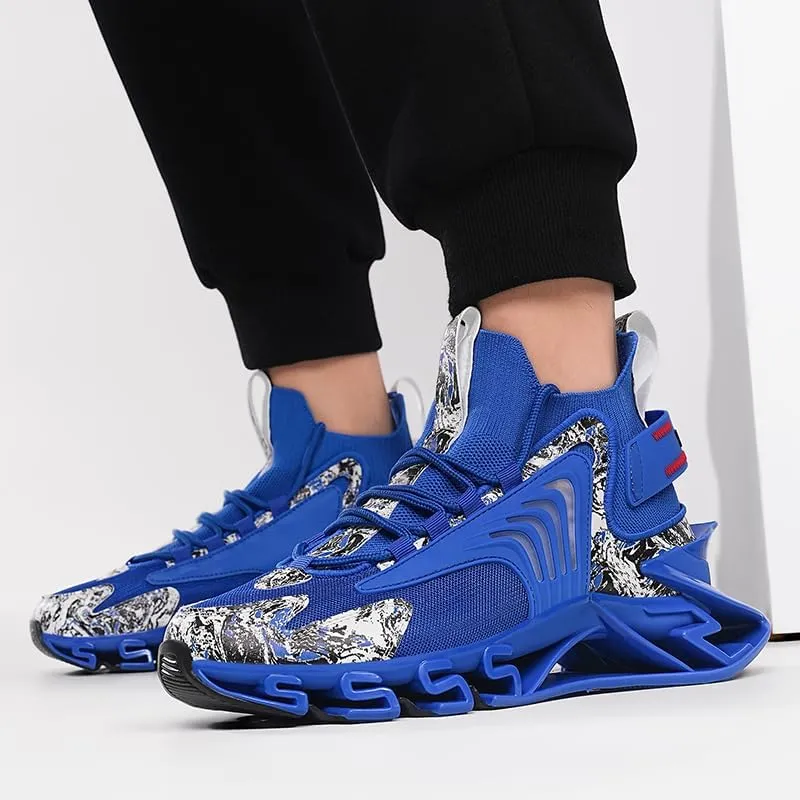 Athletic Running Sneakers, Blue with White Pattern, Mesh Upper, Wave Design Sole