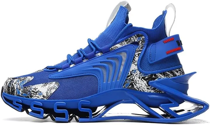 Athletic Running Sneakers, Blue with White Pattern, Mesh Upper, Wave Design Sole