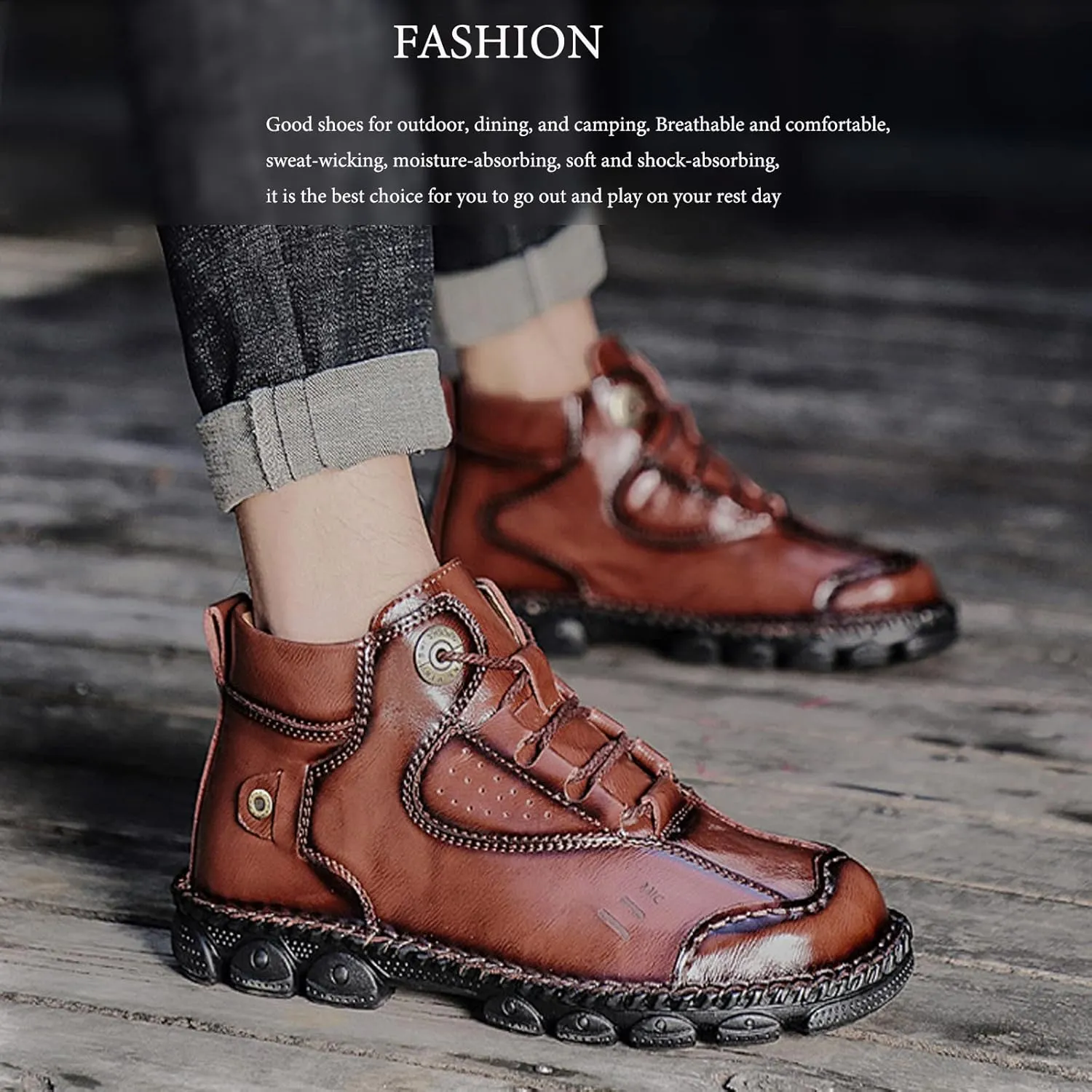 AUNTHUI Men'S Cowhide Hand-Stitched Chukka Loafers,Lace-Up Non-Slip Comfortable Soft Sole Outdoor Hiking Retro Ankle Boots