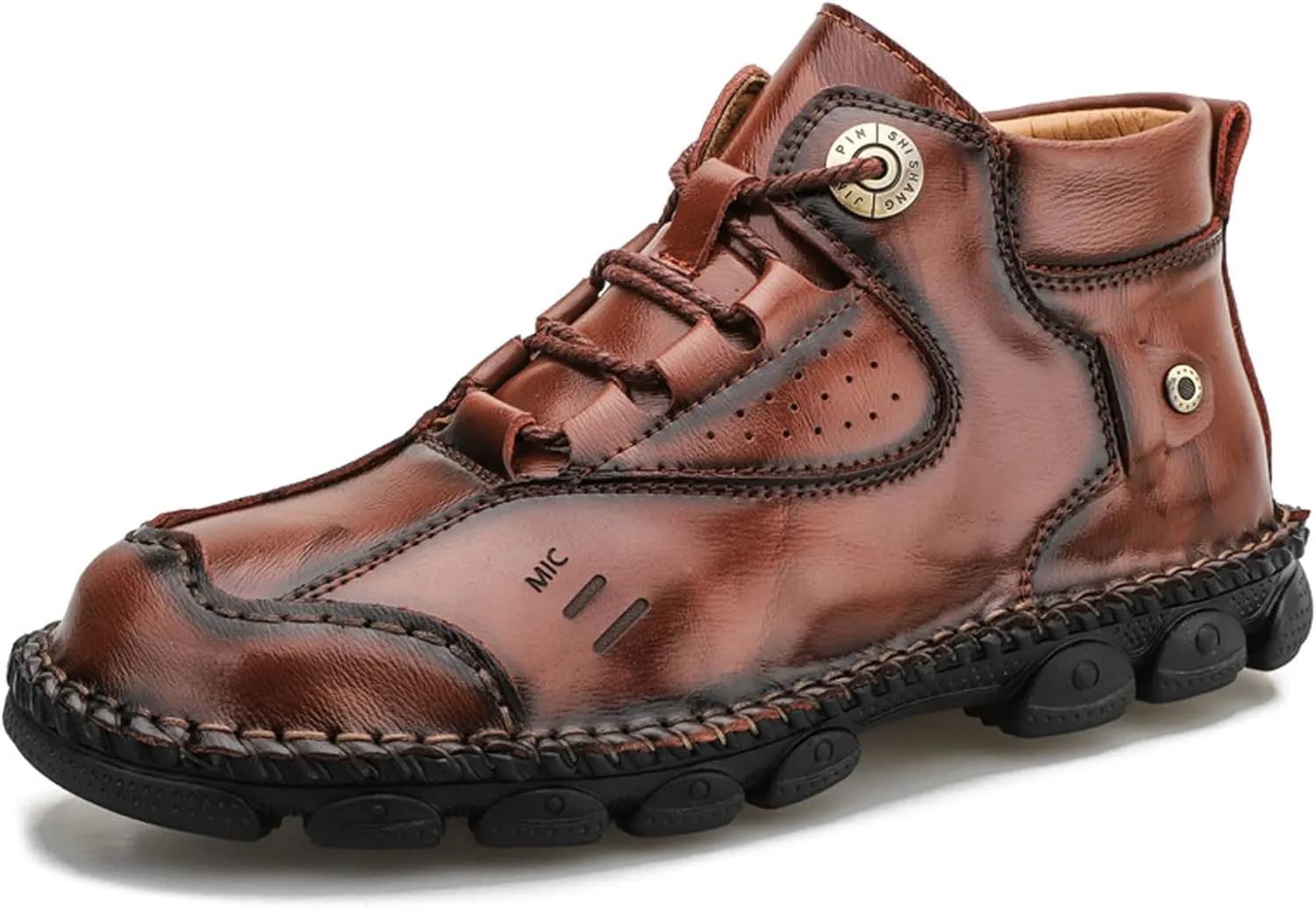 AUNTHUI Men'S Cowhide Hand-Stitched Chukka Loafers,Lace-Up Non-Slip Comfortable Soft Sole Outdoor Hiking Retro Ankle Boots