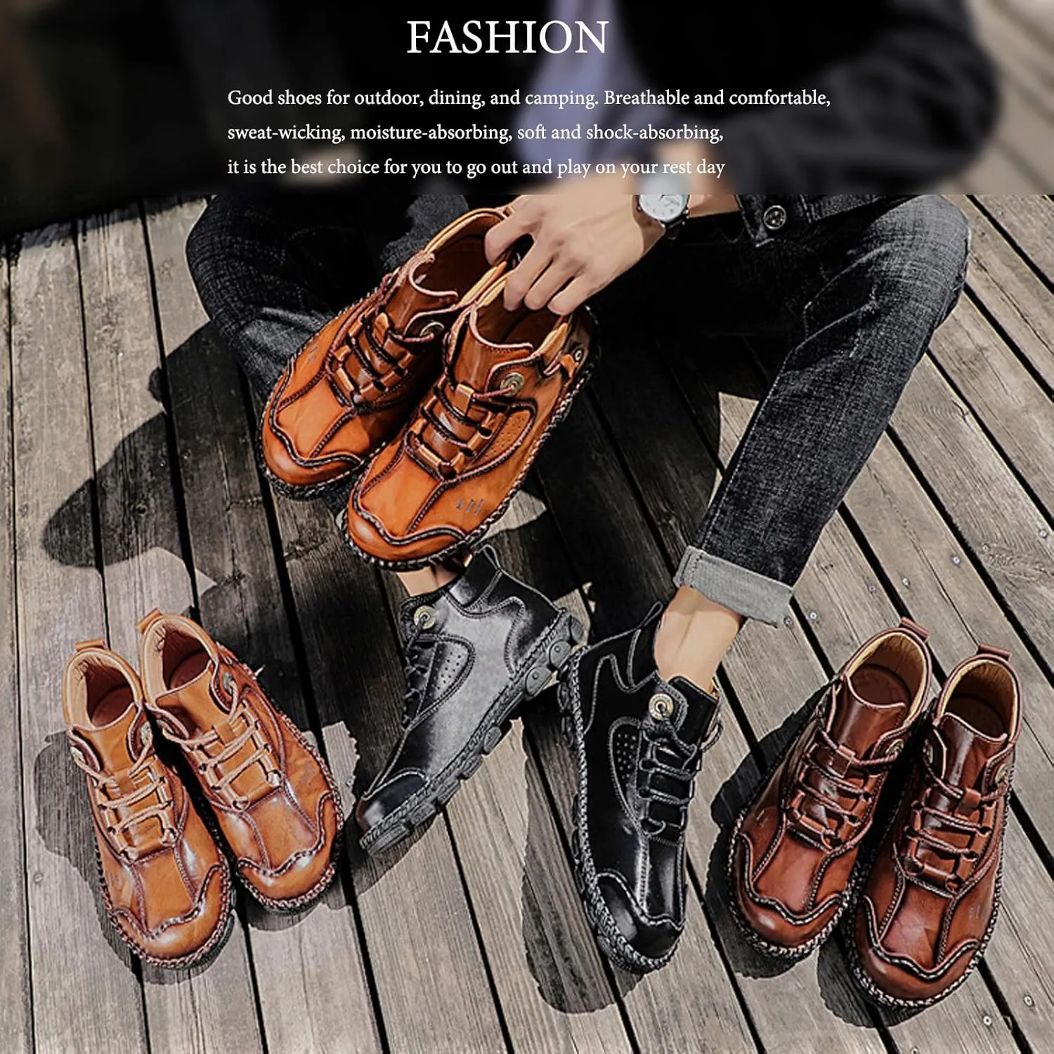 AUNTHUI Men'S Cowhide Hand-Stitched Chukka Loafers,Lace-Up Non-Slip Comfortable Soft Sole Outdoor Hiking Retro Ankle Boots