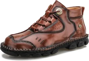 AUNTHUI Men'S Cowhide Hand-Stitched Chukka Loafers,Lace-Up Non-Slip Comfortable Soft Sole Outdoor Hiking Retro Ankle Boots